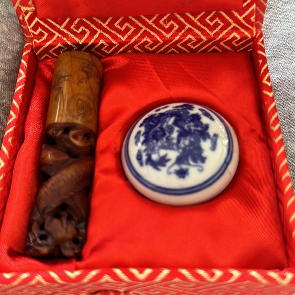 Authentic vintage stamping kit with hand carved tool & porcelain ink pot amazing